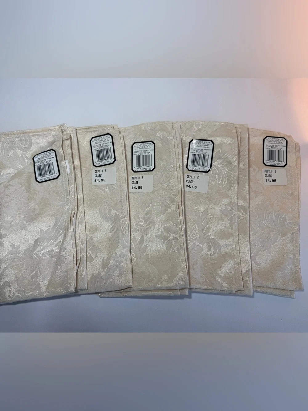 Set 5 Cream Damask Napkins Vintage Macy’s New Old Stock Elegant